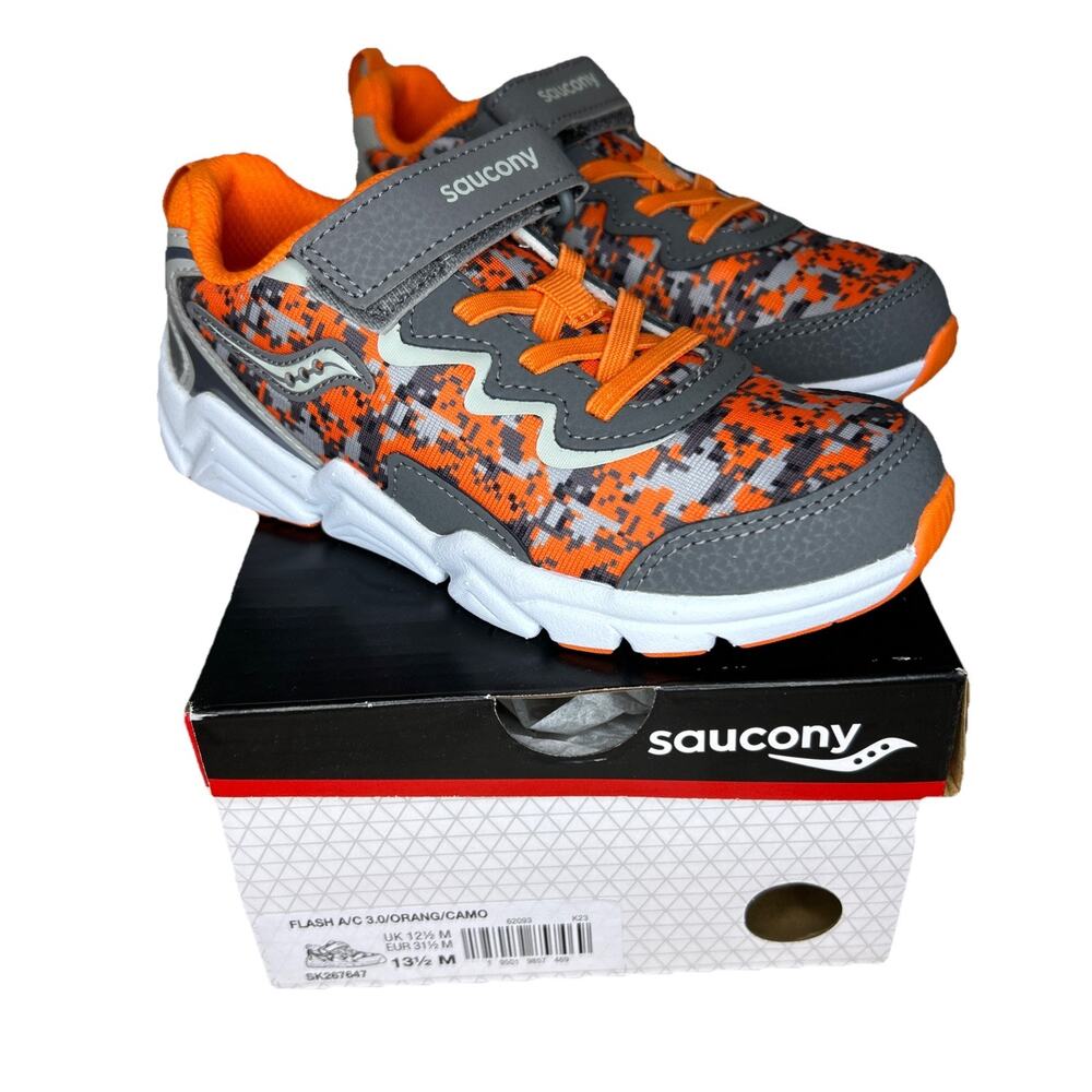 Saucony Boys 13.5 Sneakers Flash AC 3.0 Gray Orange Camo Running School Athletic